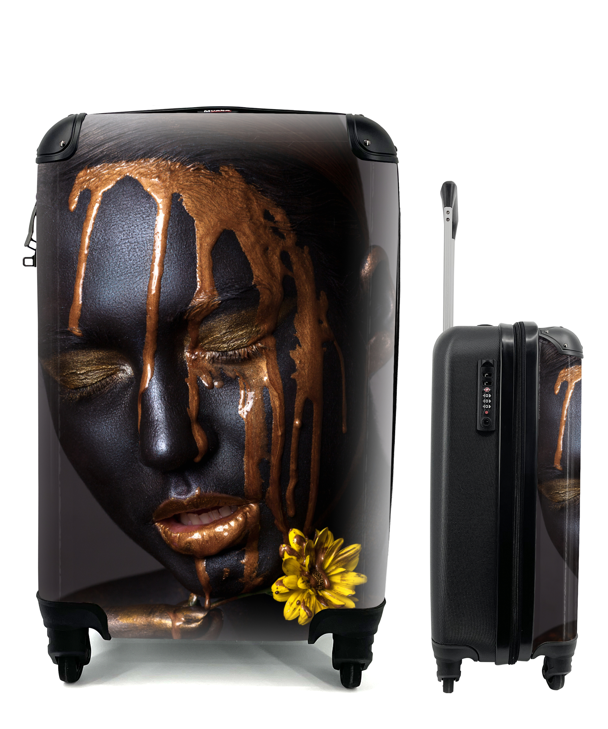 Koffer - Vrouw - Goud - Zwart - Verf - Bloem 