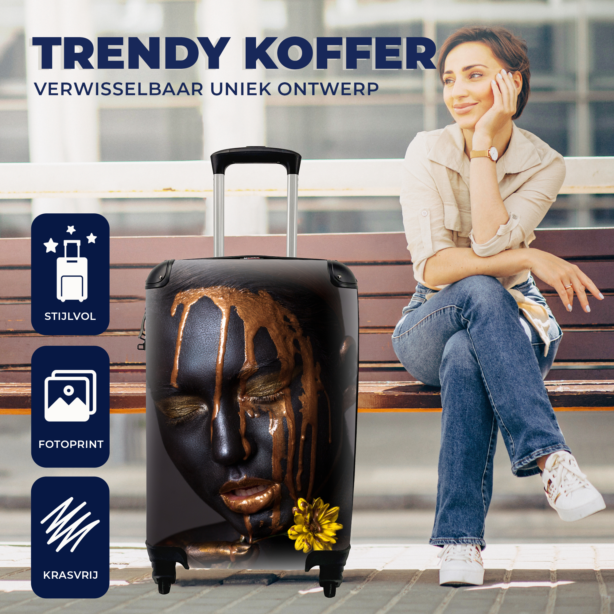 Koffer - Vrouw - Goud - Zwart - Verf - Bloem -thumbnail-4