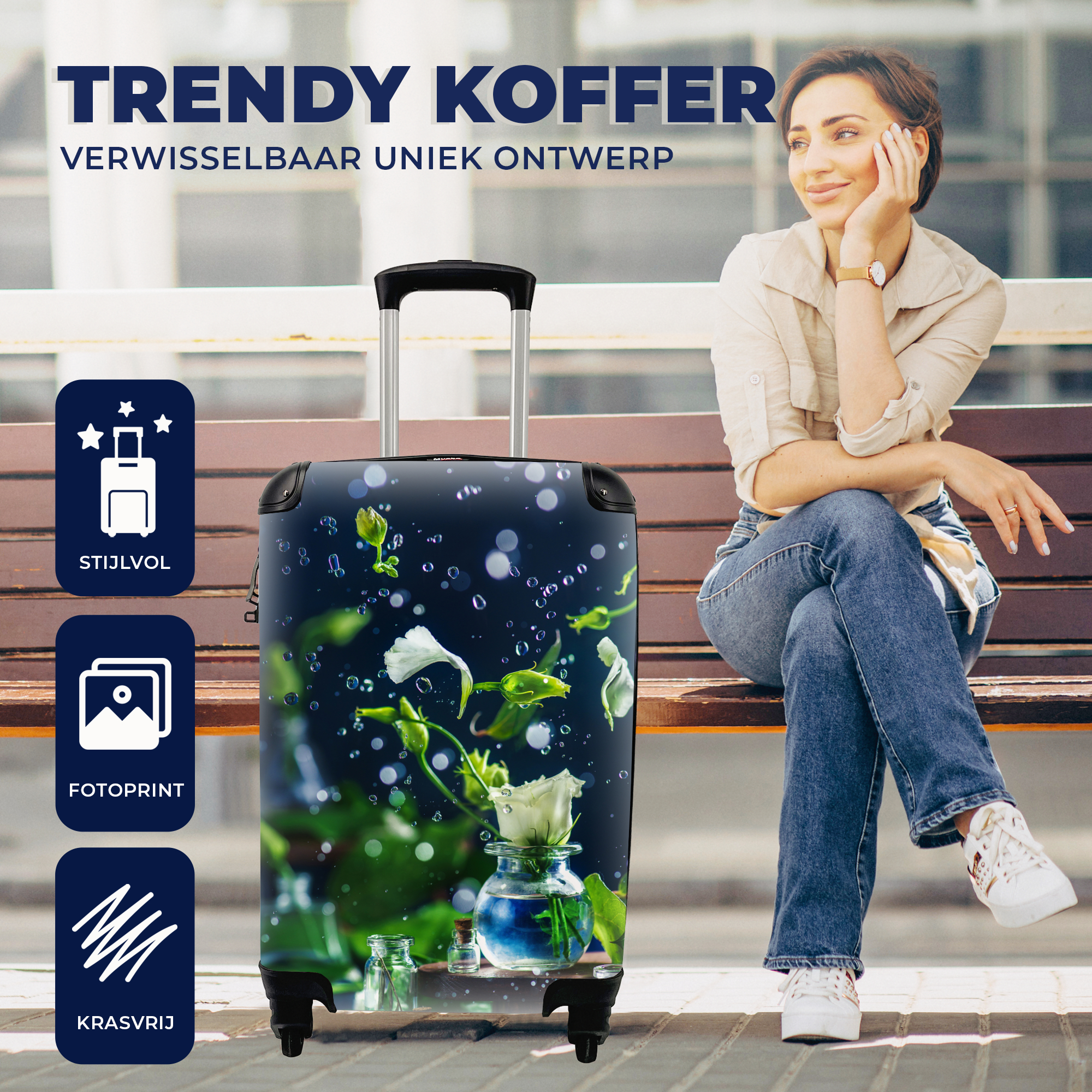 Koffer - Druppel - Rozen - Bloemen - Past binnen 55x40x20 cm en cm - Handbagage - Trolley - Fotokoffer - Cabin Size - NoBoringSuitcases.com