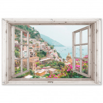 Tuinposter van een doorkijk naar Italië met bloemen, zee, kust, stad en bergen