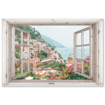 Tuinposter van een doorkijk naar Italië met bloemen, zee, kust, stad en bergen