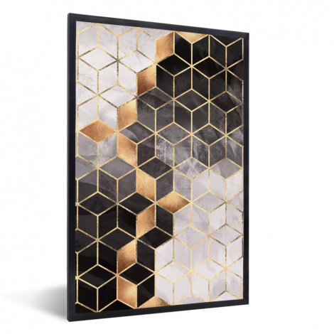 Poster mit Rahmen - Abstrakt - Würfel - Gold - Muster - Schwarz - Weiß - Vertikal