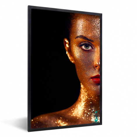Poster mit Rahmen - Make-up - Gold - Frau - Luxus - Glitzer - Kunst - Vertikal-thumbnail-1