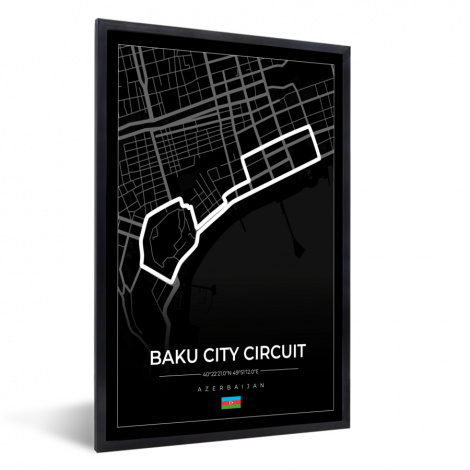 Poster mit Rahmen - Rennstrecke - Rundkurs - F1 - Baku City Circuit - Aserbaidschan - Schwarz - Vertikal
