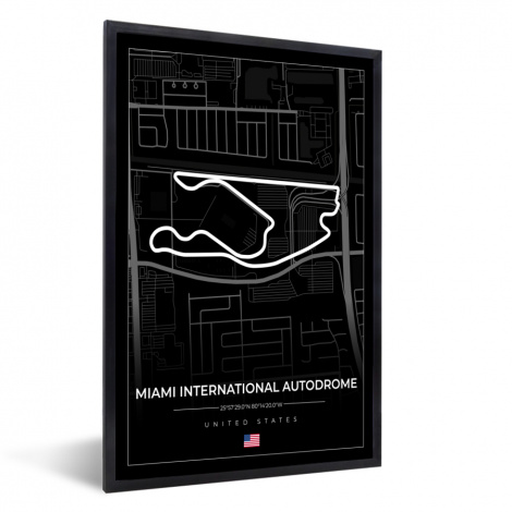 Poster met lijst - Racebaan - Verenigde Staten - Formule 1 - Miami International Autodrome - Circuit - Zwart - Staand-1