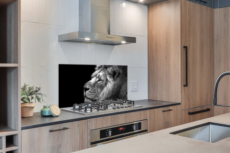 Spatscherm keuken - Leeuw tegen zwarte achtergrond in zwart-wit-thumbnail-2