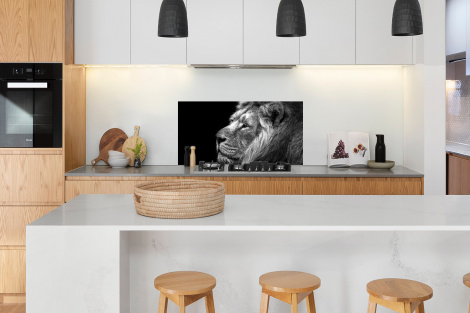 Spatscherm keuken - Leeuw tegen zwarte achtergrond in zwart-wit-thumbnail-3