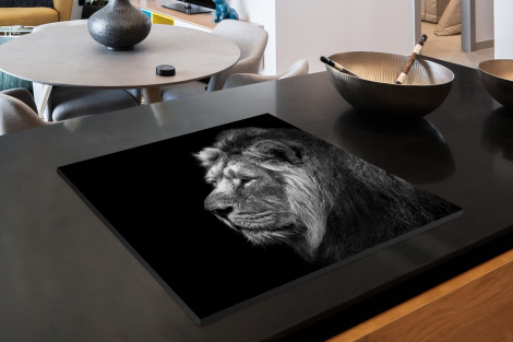 Herdabdeckplatte Löwe gegen schwarzen Hintergrund in schwarz und weiß-2