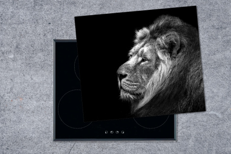 Herdabdeckplatte Löwe gegen schwarzen Hintergrund in schwarz und weiß-1