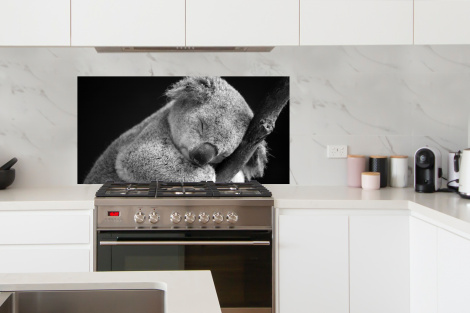 Spatscherm keuken - Slapende koala op zwarte achtergrond in zwart-wit-4