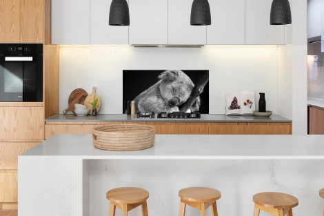 Spatscherm keuken - Slapende koala op zwarte achtergrond in zwart-wit-thumbnail-3