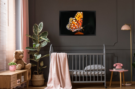Poster met lijst - Vlinder - Bloemen - Insect - Portret - Zwart - Oranje - Liggend-3