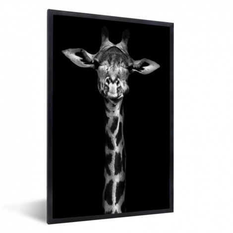 Poster met lijst - Giraffe - Portret - Dieren - Zwart - Wit - Staand-1