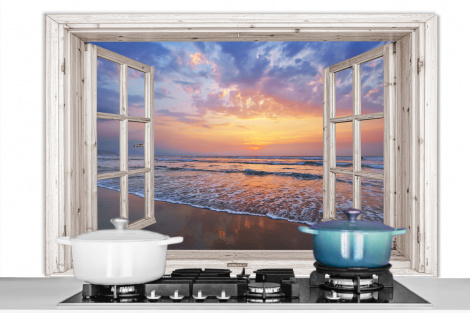 Spritzschutz Küche - Aussicht - Meer - Strand - Sonnenuntergang - Blau