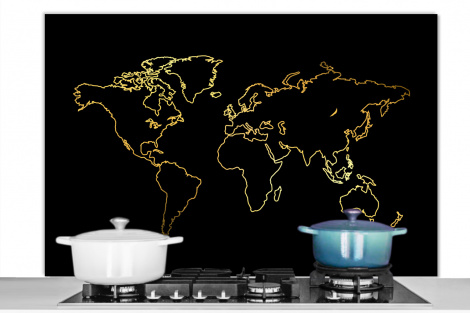 Spatscherm keuken - Gouden wereldkaart op een zwarte achtergrond-1