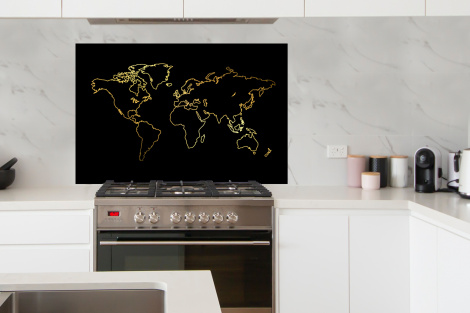 Spatscherm keuken - Gouden wereldkaart op een zwarte achtergrond-thumbnail-4