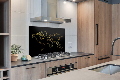 Spatscherm keuken - Gouden wereldkaart op een zwarte achtergrond-2