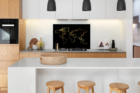 Spatscherm keuken - Gouden wereldkaart op een zwarte achtergrond-3