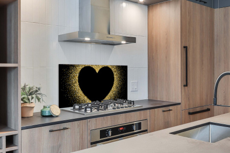 Spatscherm keuken - Gouden hart op een zwarte achtergrond-2