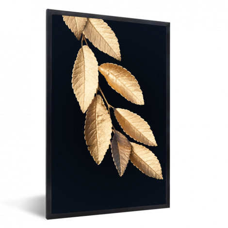 Poster met lijst - Bladeren - Zwart - Goud - Luxe - Planten - Staand-1