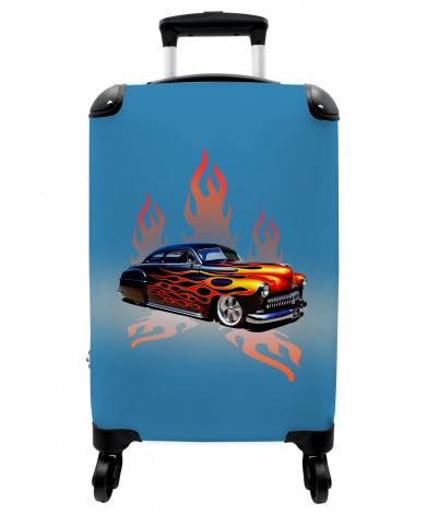 Koffer - Auto - Vlammen - Vuur - Blauw - Vintage