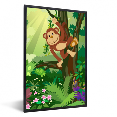 Poster mit Rahmen - Affe - Dschungel - Jungen - Mädchen - Blumen - Kinder - Vertikal