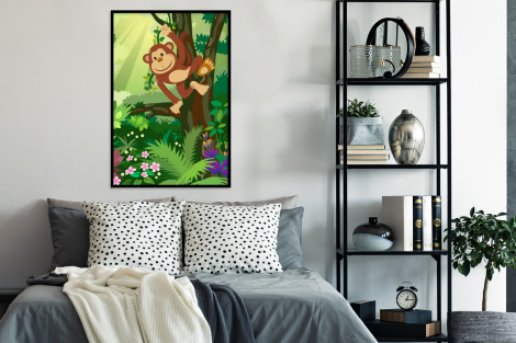 Poster mit Rahmen - Affe - Dschungel - Jungen - Mädchen - Blumen - Kinder - Vertikal-4
