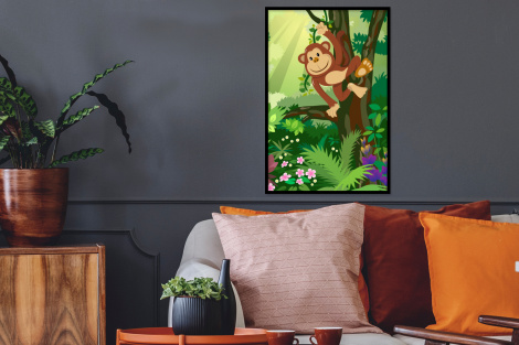 Poster mit Rahmen - Affe - Dschungel - Jungen - Mädchen - Blumen - Kinder - Vertikal-2
