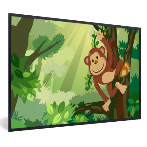 Poster mit Rahmen - Affe - Dschungel - Jungen - Mädchen - Blumen - Kinder - Horizontal