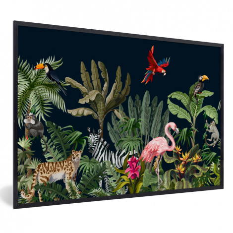 Poster mit Rahmen - Dschungel - Pflanzen - Tiere - Kinder - Flamingo - Zebra - Horizontal-1