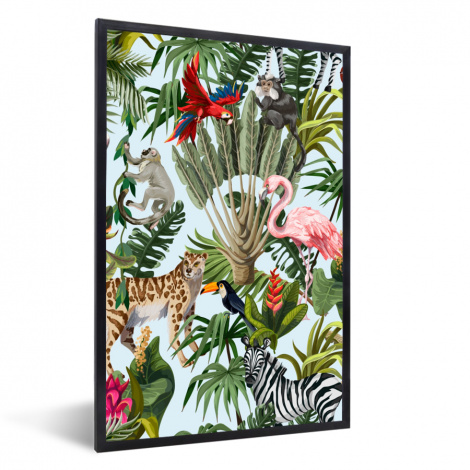 Poster mit Rahmen - Dschungel - Tiere - Mädchen - Kinder - Jungen - Flamingo - Papagei - Vertikal-1