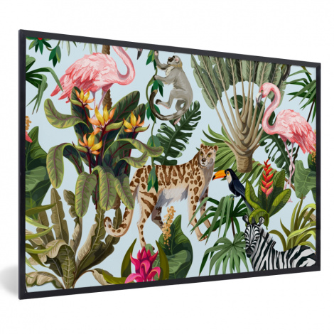 Poster mit Rahmen - Dschungel - Tiere - Mädchen - Kinder - Jungen - Flamingo - Papagei - Horizontal-1