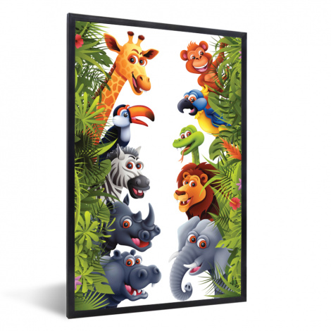 Poster mit Rahmen - Dschungel - Tiere - Jungen - Mädchen - Giraffe - Elefant - Kinder - Vertikal-1