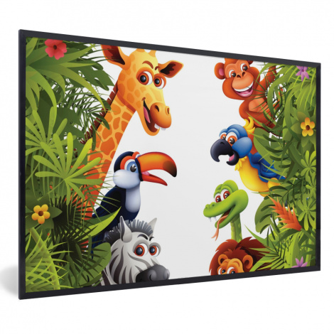 Poster mit Rahmen - Dschungel - Tiere - Jungen - Mädchen - Giraffe - Elefant - Kinder - Horizontal