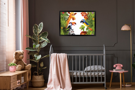 Poster mit Rahmen - Dschungel - Tiere - Jungen - Mädchen - Giraffe - Elefant - Kinder - Horizontal-3