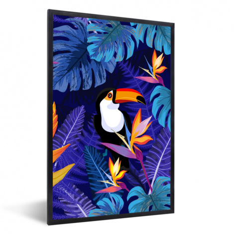 Poster mit Rahmen - Dschungel - Tukan - Blumen - Pflanzen - Kinder - Lila - Tiere - Vertikal-1