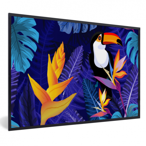Poster mit Rahmen - Dschungel - Tukan - Blumen - Pflanzen - Kinder - Lila - Tiere - Horizontal-thumbnail-1