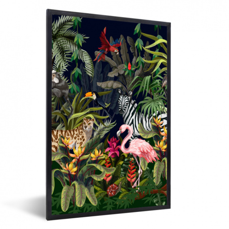 Poster mit Rahmen - Dschungeltiere - Natur - Jungen - Mädchen - Flamingo - Zebra - Vertikal