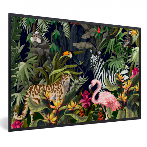 Poster mit Rahmen - Dschungeltiere - Natur - Jungen - Mädchen - Flamingo - Zebra - Horizontal