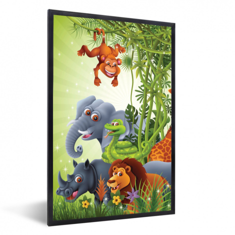 Poster mit Rahmen - Dschungeltiere - Pflanzen - Kinder - Elefant - Giraffe - Löwe - Vertikal-1