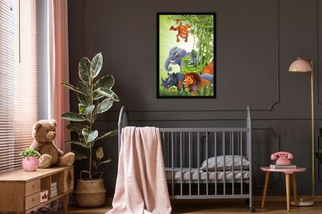 Poster met lijst - Jungle dieren - Planten - Kinderen - Olifant - Giraf - Leeuw - Staand-3