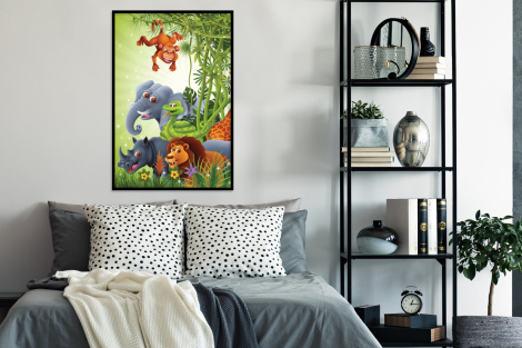 Poster met lijst - Jungle dieren - Planten - Kinderen - Olifant - Giraf - Leeuw - Staand-thumbnail-4