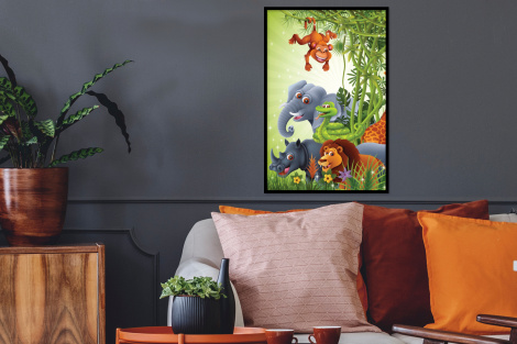 Poster met lijst - Jungle dieren - Planten - Kinderen - Olifant - Giraf - Leeuw - Staand-2