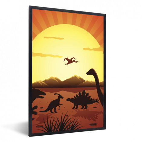 Poster met lijst - Dino - Zon - Natuur - Tekening - Kinderen - Jongens - Staand