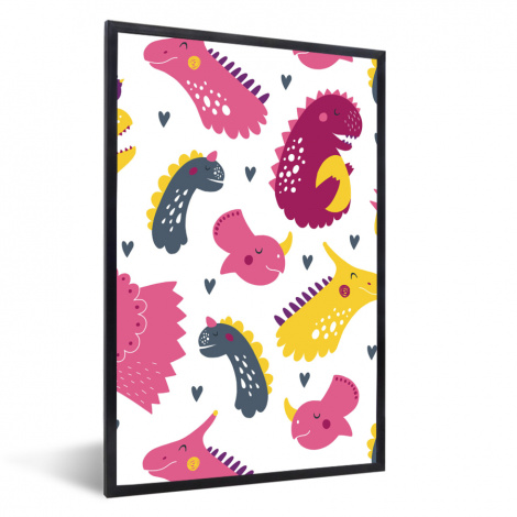 Poster mit Rahmen - Dino - Muster - Kind - Rosa - Mädchen - Vertikal-1
