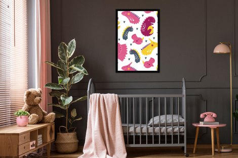 Poster mit Rahmen - Dino - Muster - Kind - Rosa - Mädchen - Vertikal-3