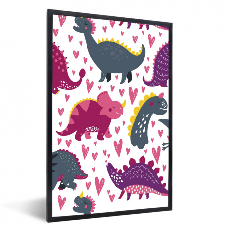 Poster mit Rahmen - Dino - Herz - Muster - Rosa - Mädchen - Dinosaurier - Vertikal