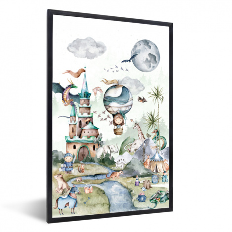 Poster mit Rahmen - Kinder - Heißluftballon - Drache - Jungen - Burg - Aquarell - Vertikal-thumbnail-1