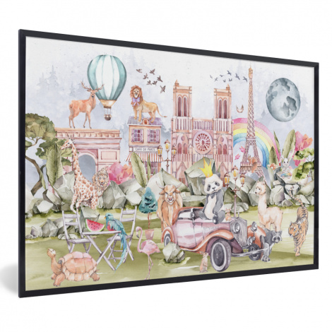 Poster mit Rahmen - Paris - Regenbogen - Kinder - Rosa - Mädchen - Tiere - Horizontal-1