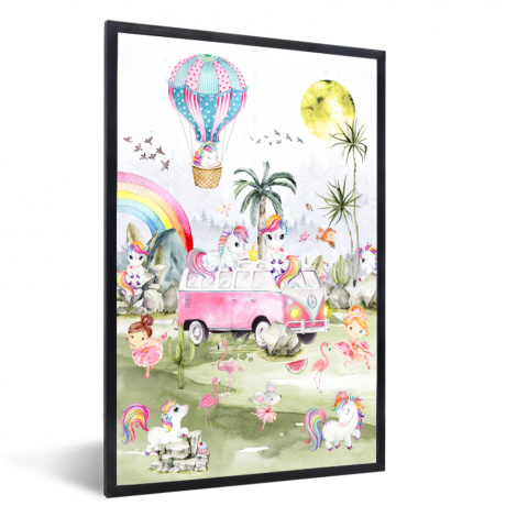 Poster mit Rahmen - Einhorn - Regenbogen - Kinder - Mädchen - Auto - Vertikal